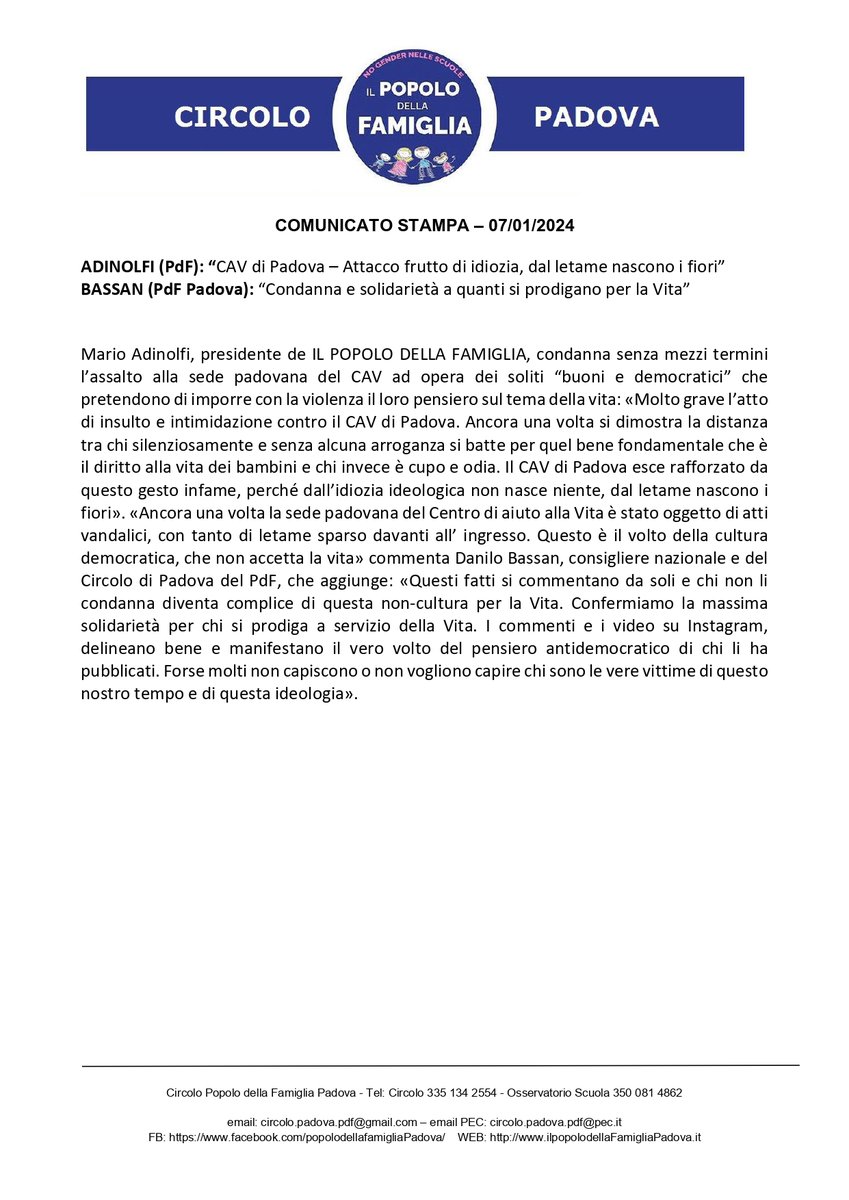 L'attacco al CAV di PAdova è frutto di idiozia: dal letame nascono i fiori...  #MarioAdinolfi #popolodellafamiglia #PdFPadova