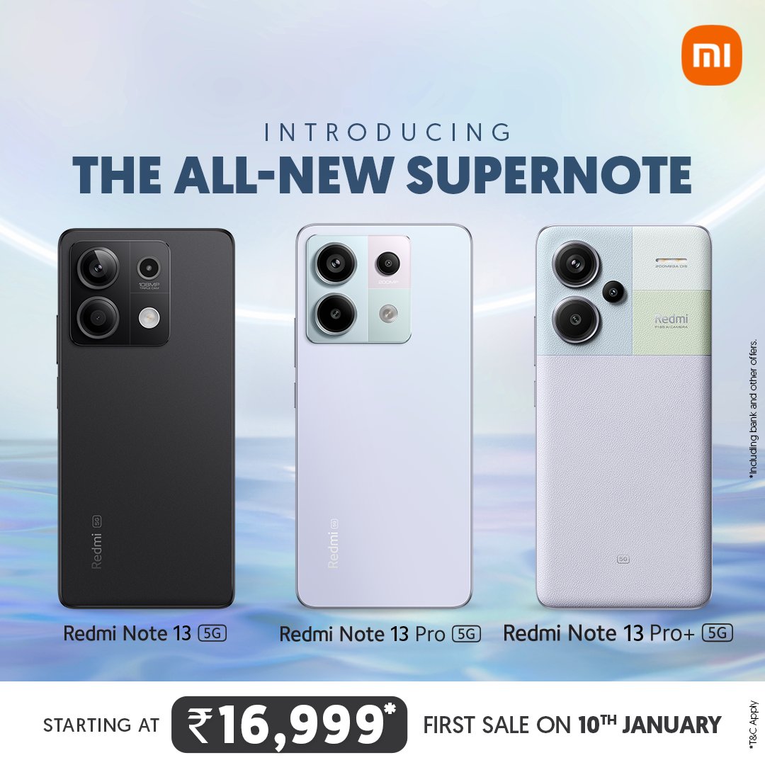 XiaomiIndia's tweet photo. Introducing the all-new #RedmiNote13 5G series! 

A #SuperNote for everyone with cutting-edge features. 
Mark your calendars for 10th January and get your #SuperNote starting at ₹16,999*! 

Know more: https://t.co/xT82Qa84Xm https://t.co/W7o7ZDTDHG