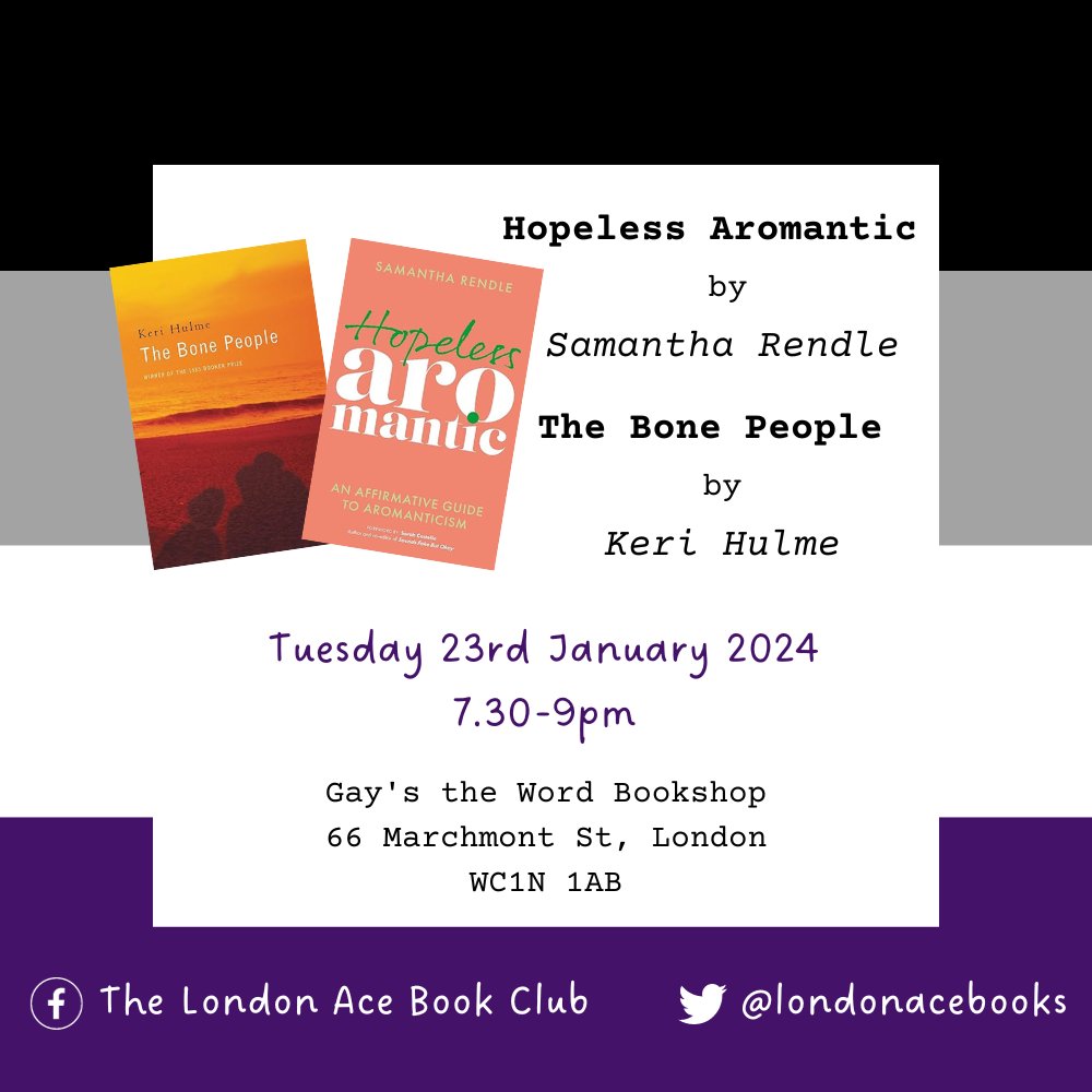 With apologies for the delay, here's the book announcement for our January meeting - not one but two fabulous titles to discuss on Tue 23 Jan, 7.30-9pm @gaystheword bookshop - Hopeless Aromantic by @sammyaimeee and The Bone People by Keri Hulme - come along and join in! 💚💜