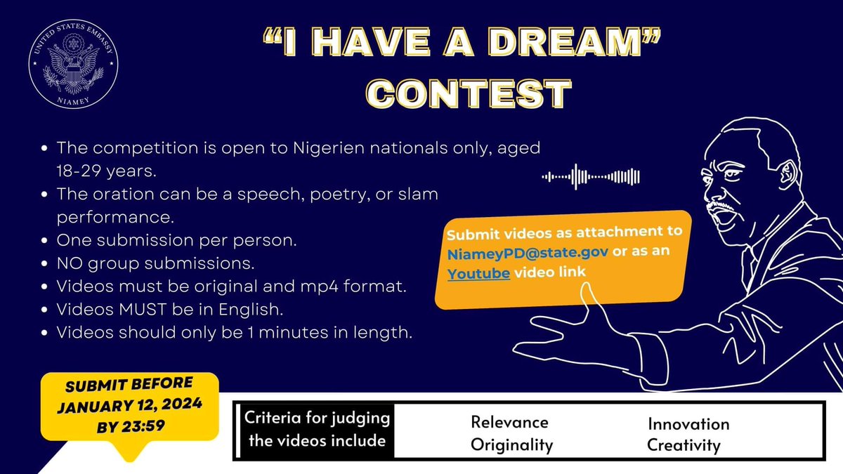 🎙️✨ Reminder ! One week to go for our "I Have a Dream" Oratory Contest ! 🔥

Calling all passionate speakers and dreamers to share their visions for a better world.  Join the contest and let your voice resonate! Share your dreams, inspire others, and stand a chance to win