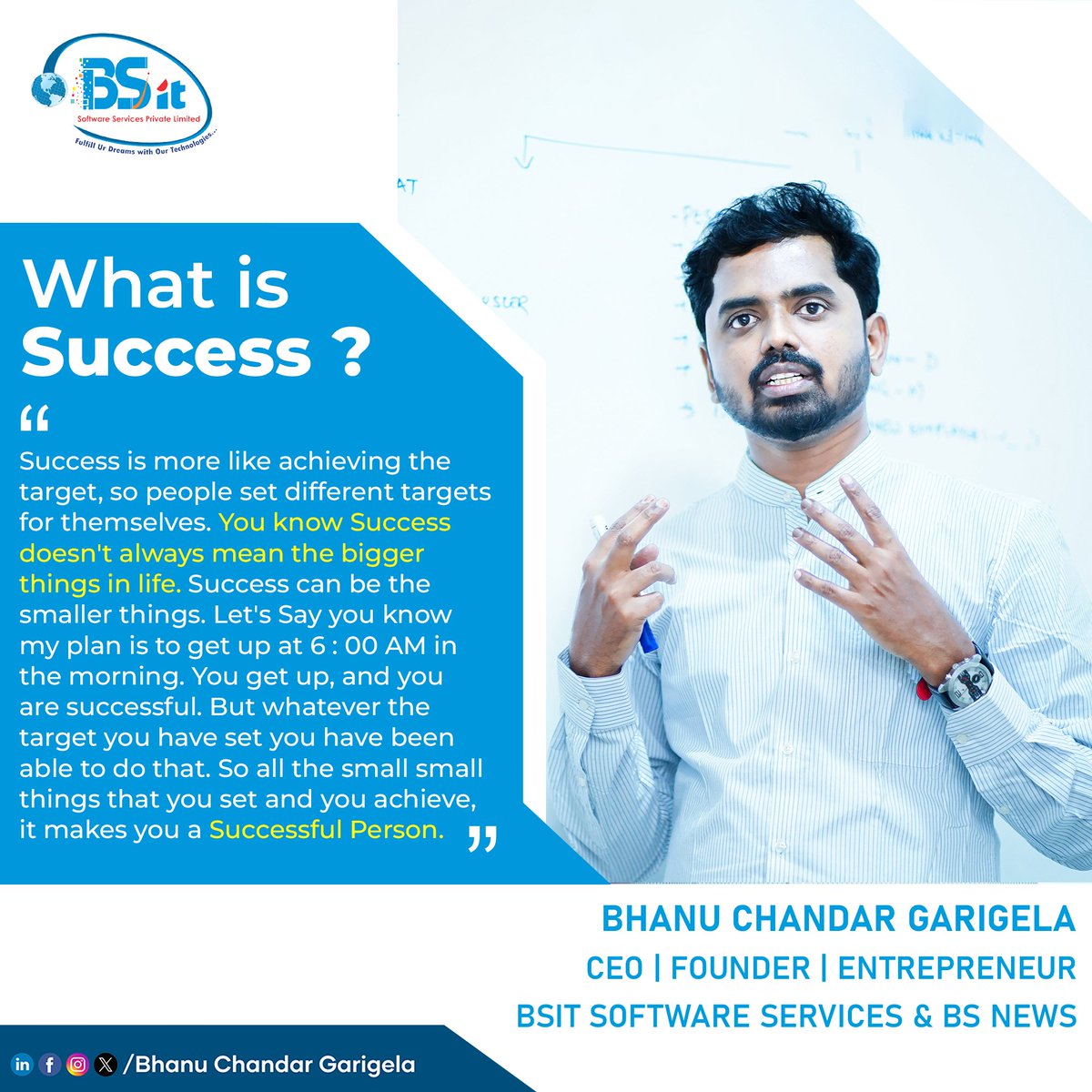 Bhanu_Garigela's tweet photo. what is success?
#bsitsoftware #bsit #SuccessDefinition #JourneyNotDestination #PassionAndPerseverance #PersonalGrowth #AchievingGoals #LifeSuccess #PositiveMindset #SuccessMindset #ContinuousImprovement #GoalAchievement #PersonalFulfillment #HardWorkPaysOff #PersistencePays https://t.co/2HrgEI0ypV