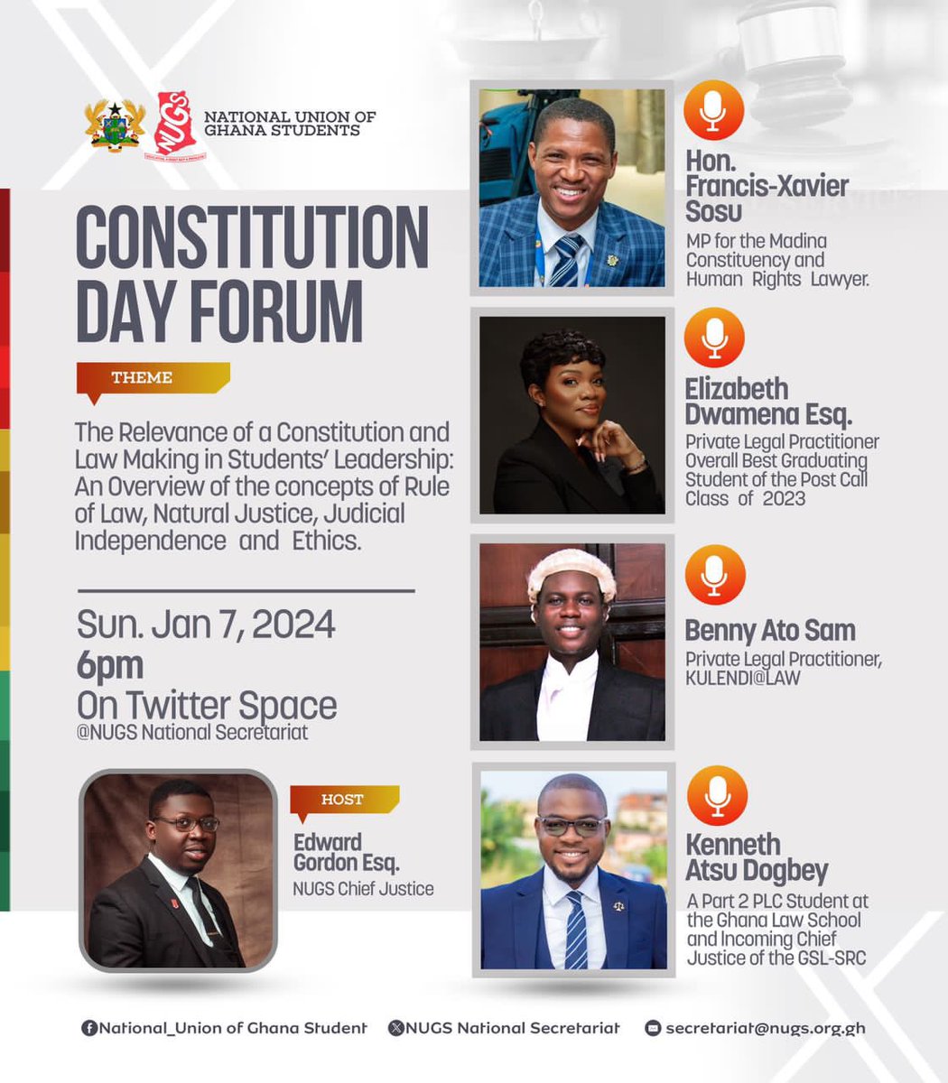 NUGS_National's tweet photo. The National Union of Ghana Students (NUGS) will be hosting a Constitution Day Forum on Twitter Space on Sunday, 7th January 2024, at exactly 6 pm.

Kindly click on the link below to join the live when the time is due.

https://t.co/2Egnc9wrxt

Stay tuned for more updates! https://t.co/b8VbdgJS8w