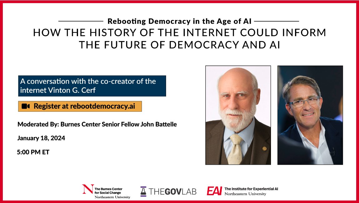 How will the history of the internet inform the future of democracy and AI? 

Join us for a discussion with <a href="/vgcerf/">vinton g cerf</a>, co-creator of the internet, in conversation with <a href="/johnbattelle/">John Battelle</a> on January 18. 

🗓️ Thursday, 1/18, 5 p.m. ET
💻 Register: rebootdemocracy.ai/events