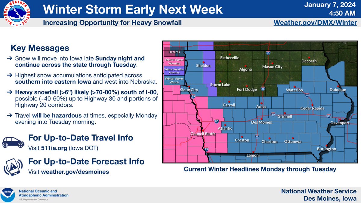 NWSDesMoines's tweet photo. Buckle up for this forecast update. 
🧐
A northward shift in storm track has been signaled the last few model cycles, and you can probably guess what that means for the area. 
🤔😮⬆️🌨️
More snow, and our first sizable winter storm of the season. #iawx #winteriscoming https://t.co/jXWWCVgiBY