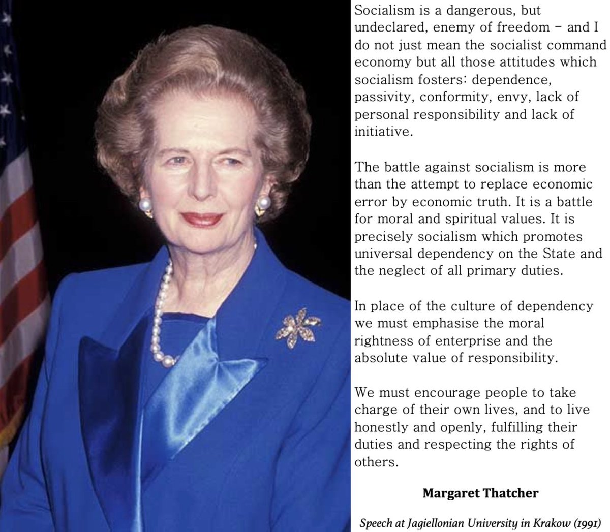 Socialism is a dangerous, but undeclared, enemy of freedom—and I do not just mean the socialist command economy but all those attitudes which socialism fosters: dependence, passivity, conformity, envy, lack of personal responsibility and lack of initiative. The battle against…