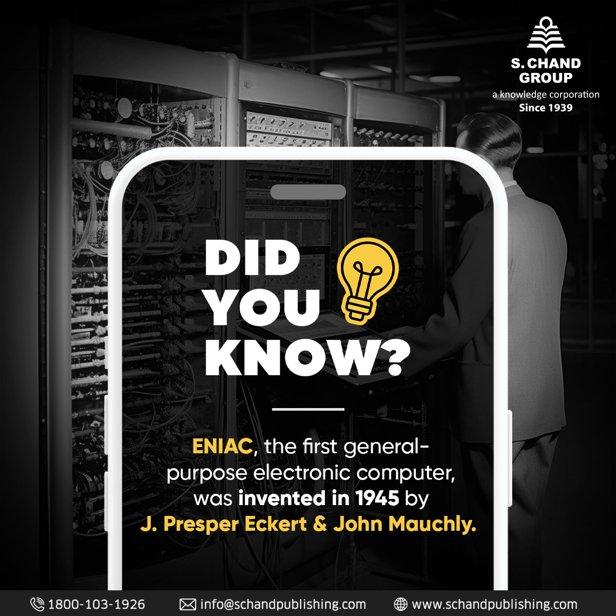 SChandGroup's tweet photo. 🕰️Rewind to 1945: ENIAC, the pioneer of electronic computing, emerged from the genius collaboration of J. Presper Eckert and John Mauchly. Witness the birth of a technological revolution!💡
#SChand #SChandPublishing #DidYouKnow #InterestingFacts #ComputerFact #ENIAC https://t.co/6e5RNyAyh2