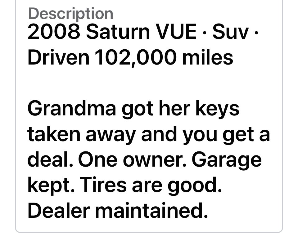 BeckyP_hinished's tweet photo. Who’d a thought placing a $2750 SUV ad on FB marketplace would blow up. Over 100 responses within an hour. My siblings took away our mom’s keys. I did the post 😉She’s 92. #seniordrivers #marketing https://t.co/00ioSNxGgS