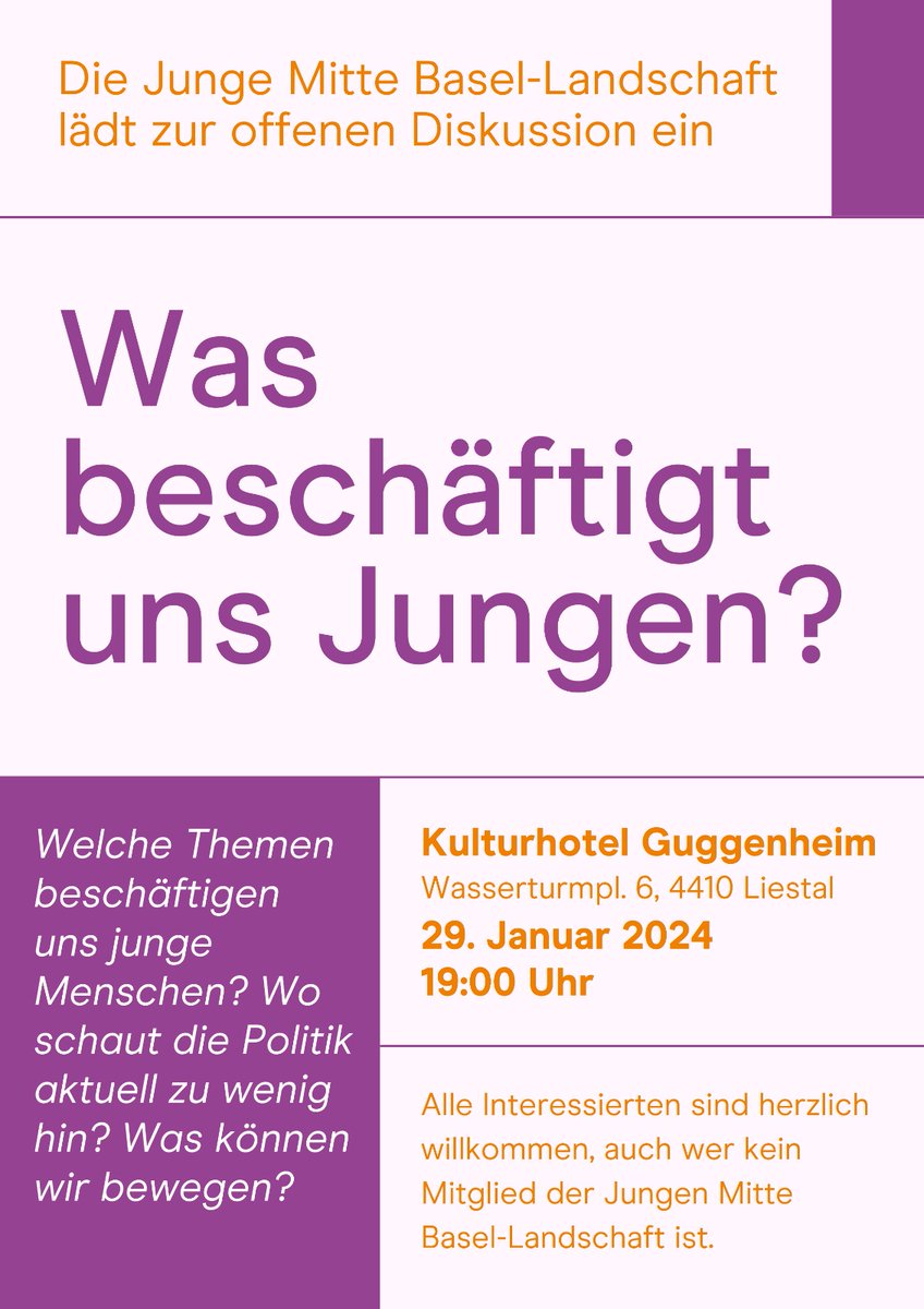 Wir freuen uns auf einen angeregten Austausch am 29. Januar 2024 im Kulturhotel Guggenheim in Liestal!