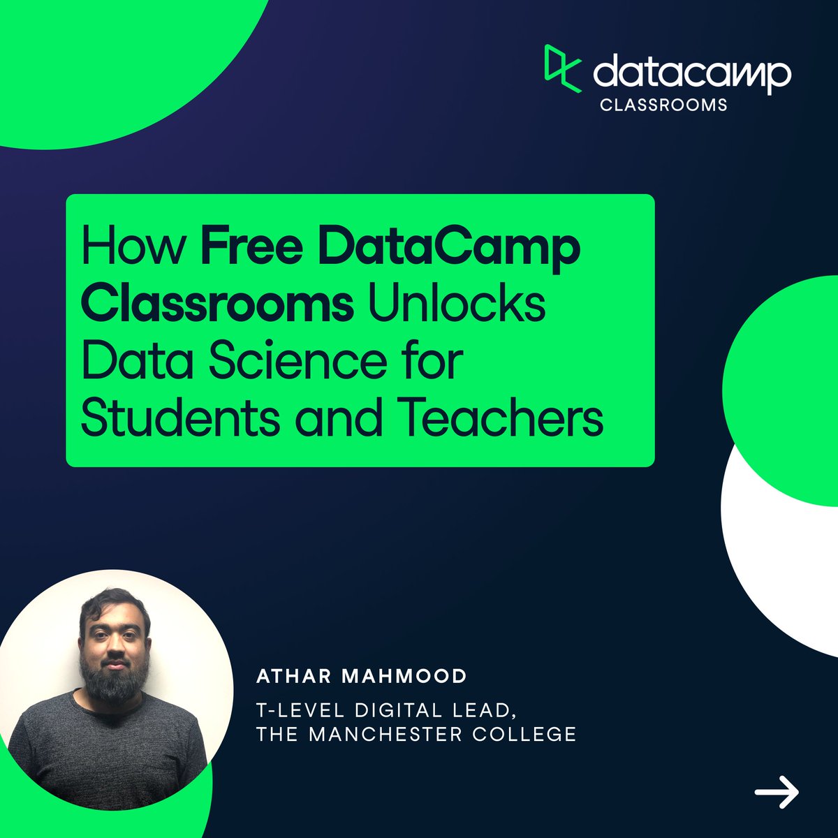 DataCamp's tweet photo. π How Athar Mahmood, T-Level Digital Lead @TheMcrCollege, leverages DataCamp Classrooms to equip his students with unlimited (and free πΈ) data science education.
π #DCClassrooms provides free access to the world's most in-demand data and AI skills for all teachers and students.
As the influence of data and AI grows across every industry, ensuring students have the skills to thrive with new technologies has never been more vital.
With Classrooms, teachers and students get unlimited access to all 450+ courses, career tracks, Forbes #1 ranked Certification, reporting features to assign tasks and track progress, and more.
We're calling all teachers to apply to #DCClassrooms and give your students the best possible start to 2024. π
No credit card info required. Apply now π https://t.co/TivdPxCUZ5