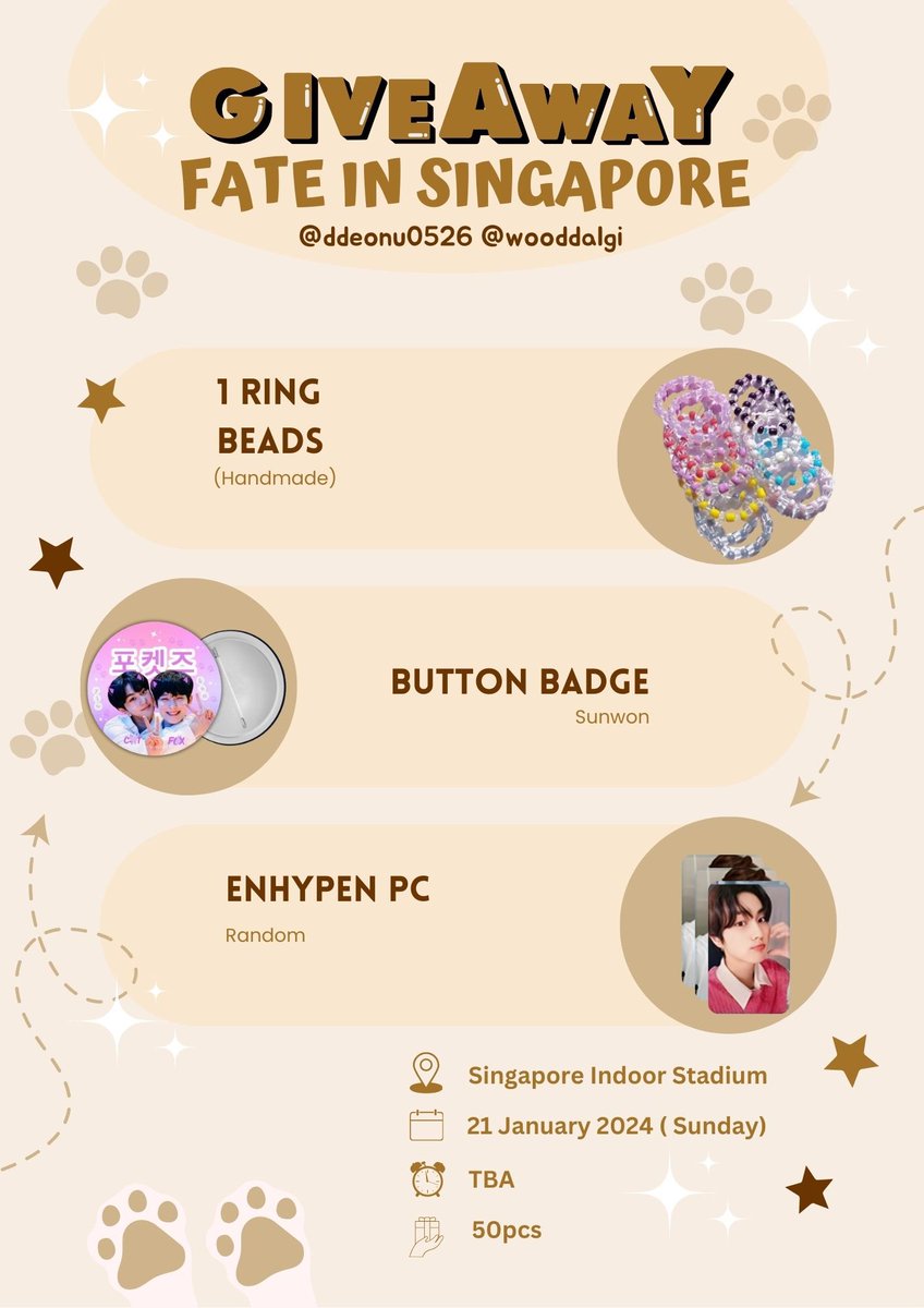 wooddalgi's tweet photo. >Kindly help rt<

˗ˏˋ ✮ Fate Tour In SG ✮ ˎˊ˗

🐾 🦊 Sunwon Giveaway by @ddeonu0526 &amp; @wooddalgi🐱 🐾

📍Singapore Indoor Stadium 
🗓️ 20 &amp; 21 Jan 2024
🕛TBA

✨Like, Rt and say Hi to claim ☺️
✨Dm for trade
✨Will update previews👇 

#ENHYPEN #FATE_IN_ASIA #FATE_IN_SINGAPORE https://t.co/XtKuZMCCDu