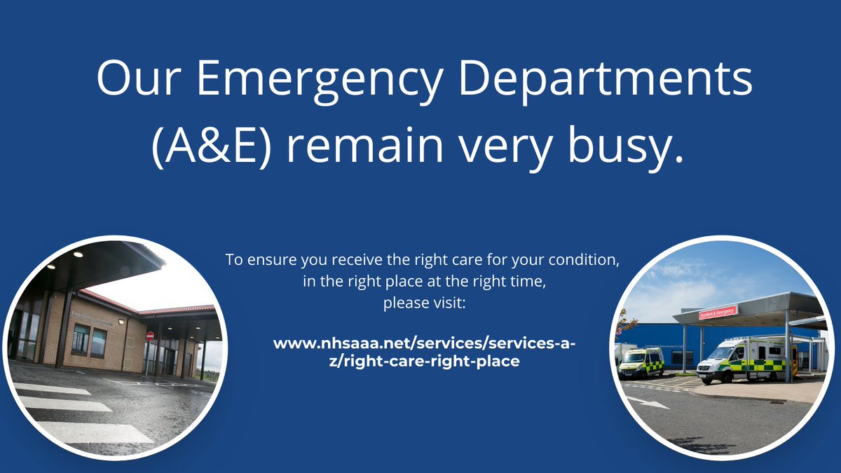 NHSaaa's tweet photo. Our Emergency Departments are very busy. Those who arrive and do not need emergency treatment will face longer than usual waiting times and may be referred elsewhere. 

Find out more information to ensure you get the right care, in the right place here: https://t.co/fZPAsxCehk https://t.co/7g5M0YNSKh