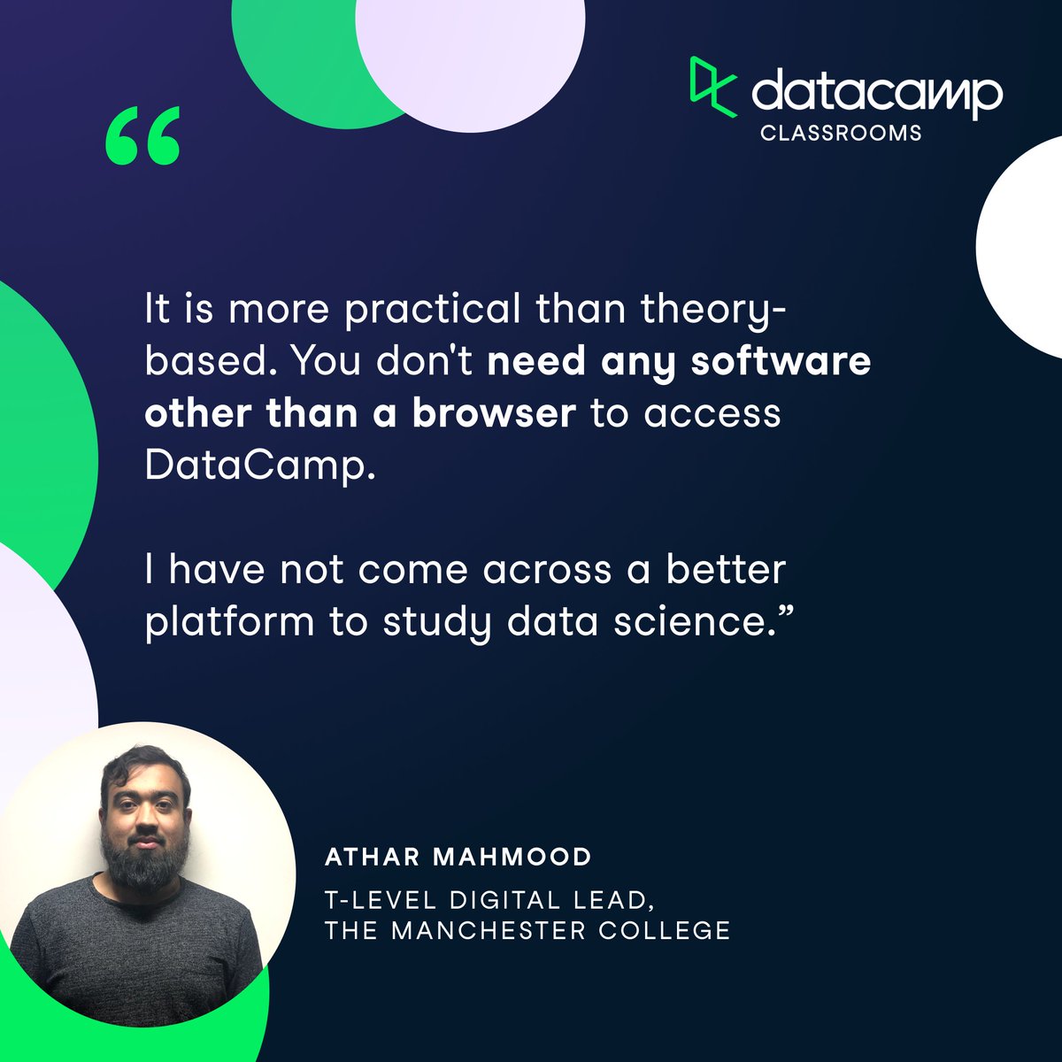DataCamp's tweet photo. π How Athar Mahmood, T-Level Digital Lead @TheMcrCollege, leverages DataCamp Classrooms to equip his students with unlimited (and free πΈ) data science education.
π #DCClassrooms provides free access to the world's most in-demand data and AI skills for all teachers and students.
As the influence of data and AI grows across every industry, ensuring students have the skills to thrive with new technologies has never been more vital.
With Classrooms, teachers and students get unlimited access to all 450+ courses, career tracks, Forbes #1 ranked Certification, reporting features to assign tasks and track progress, and more.
We're calling all teachers to apply to #DCClassrooms and give your students the best possible start to 2024. π
No credit card info required. Apply now π https://t.co/TivdPxCUZ5