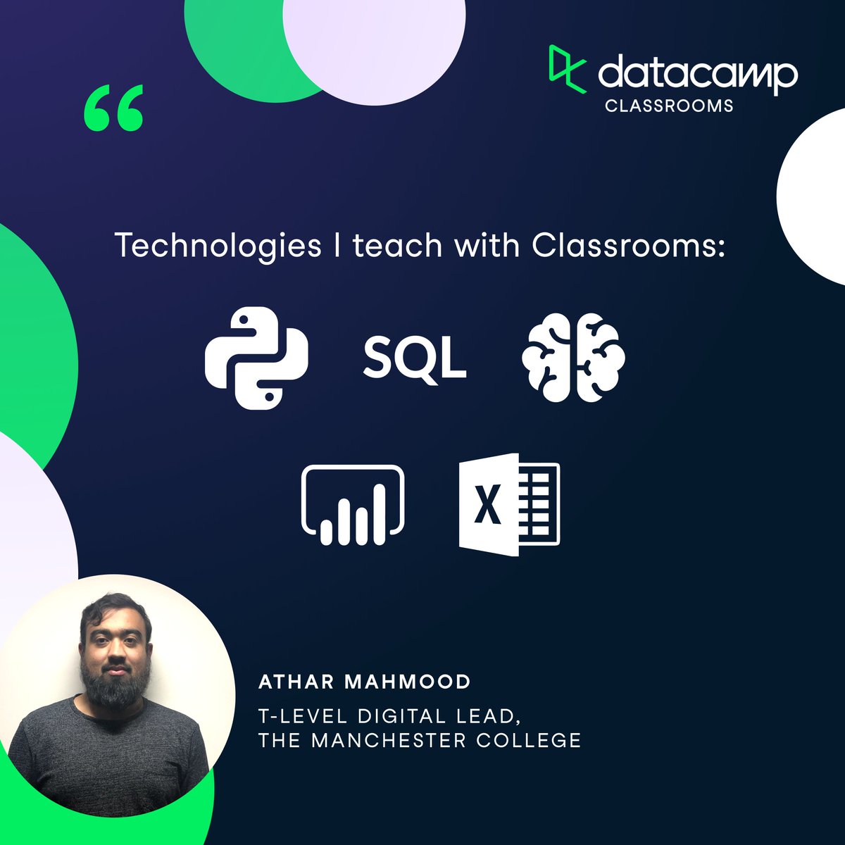 DataCamp's tweet photo. π How Athar Mahmood, T-Level Digital Lead @TheMcrCollege, leverages DataCamp Classrooms to equip his students with unlimited (and free πΈ) data science education.
π #DCClassrooms provides free access to the world's most in-demand data and AI skills for all teachers and students.
As the influence of data and AI grows across every industry, ensuring students have the skills to thrive with new technologies has never been more vital.
With Classrooms, teachers and students get unlimited access to all 450+ courses, career tracks, Forbes #1 ranked Certification, reporting features to assign tasks and track progress, and more.
We're calling all teachers to apply to #DCClassrooms and give your students the best possible start to 2024. π
No credit card info required. Apply now π https://t.co/TivdPxCUZ5