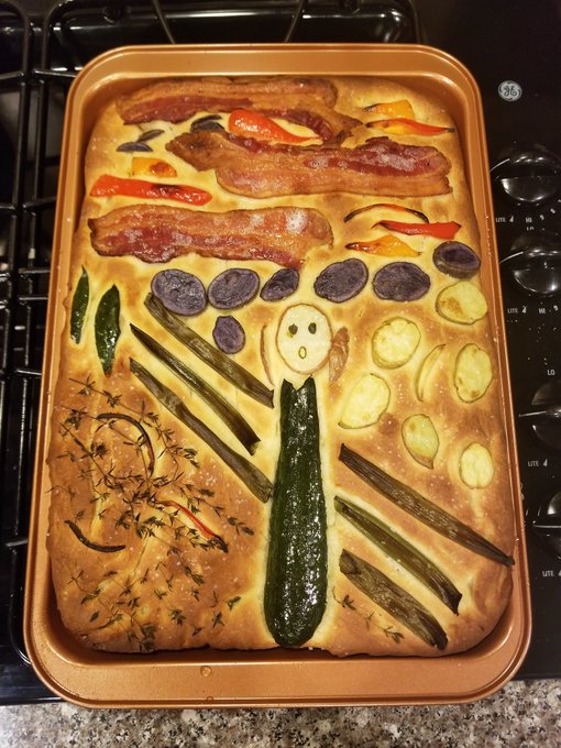 Munch's 'The Scream' reimagined in a focaccia by Rebecca, (via @ stephennold1) #WomensArt