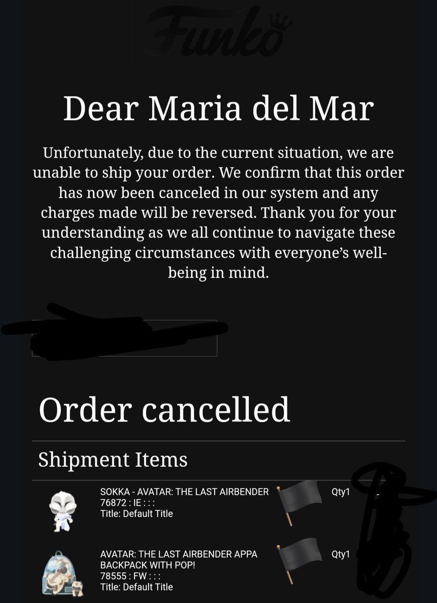 marileng's tweet photo. @FunkoEurope Don't trust FunkoEurope, two weeks of excitement waiting for my order and I wake up with this message.  My order was canceled just because. https://t.co/Jf7BsSOsKK