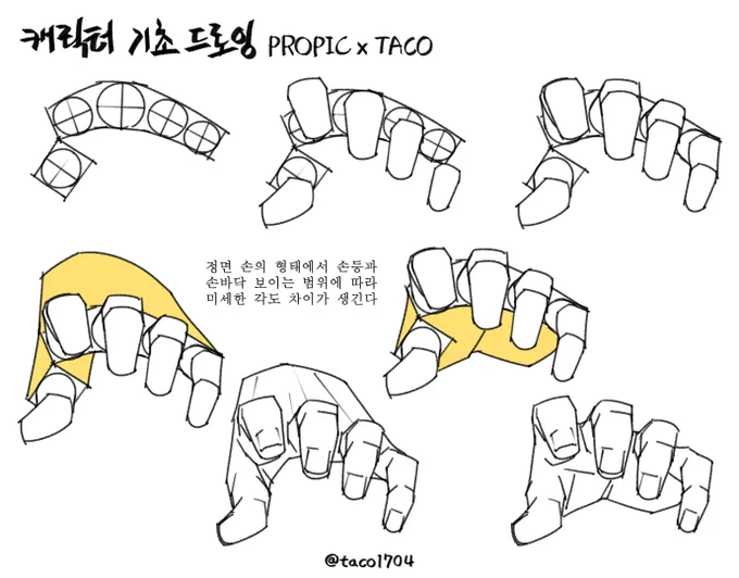 정면 손 표현 시 손등과 손바닥 보이는 범위에 따라 작은 각도 차이가 생긴다 