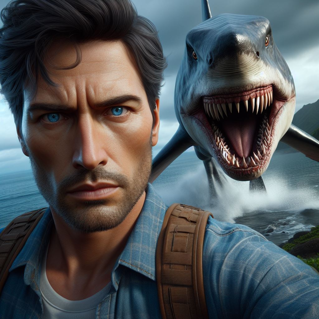 luffydalex's tweet image. 🤳 Today's unbelievable encounter: selfie with a giant charging megalodon! 🦈 #MarineAdventure #ExtremeSelfie"