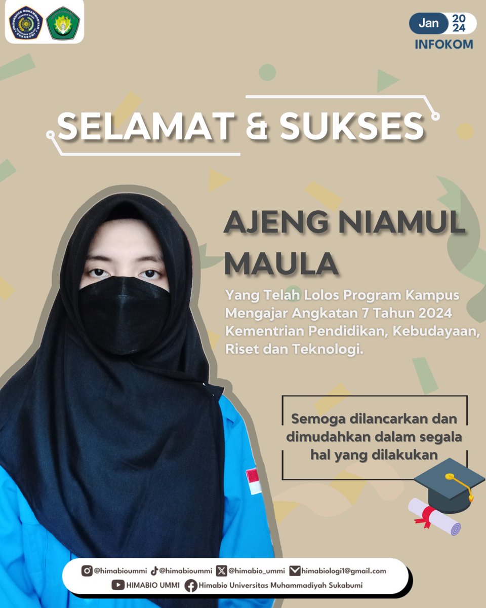 himabio_ummi's tweet photo. [INFO PRESTASI]

Salam Lestari
Salam Konservasi

HIMABIO mengucapkan Selamat dan Sukses Kepada Ajeng Niamul Maula yang telah Lolos seleksi Program Kampus Mengajar Angkatan 7 tahun 2024, Kemendikbud Ristek. https://t.co/E6RgfkpvKZ