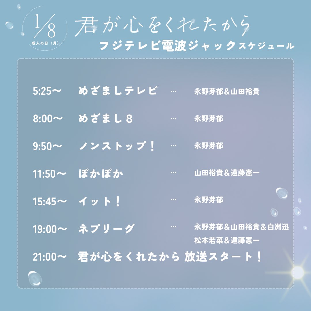 kimikoko_fujitv's tweet photo. ＼ #君ここ 電波ジャック ／
 🌦 - - - - - - - - - - - - 🌦

明日は君ここが
#フジテレビ を電波ジャック！

5:25〜 #めざましテレビ
8:00〜 #めざまし8
9:50〜 #ノンストップ
11:50〜 #ぽかぽか
15:45〜 #イット (VTR出演)
19:00〜 #ネプリーグ

そしてついによる9時からは
#君が心をくれたから 初回放送！

#永野芽郁
#山田裕貴
#白洲迅
#松本若菜
#遠藤憲一
#成人の日 
#初回30分拡大