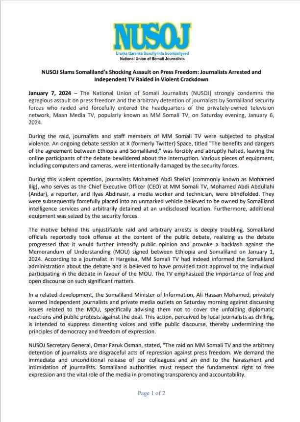 Samraawi01's tweet photo. Somali journalist association NUSOJ has condemned arrested administration and journalists MMTV.

@NUSOJofficial https://t.co/Mdvz6nDxmv