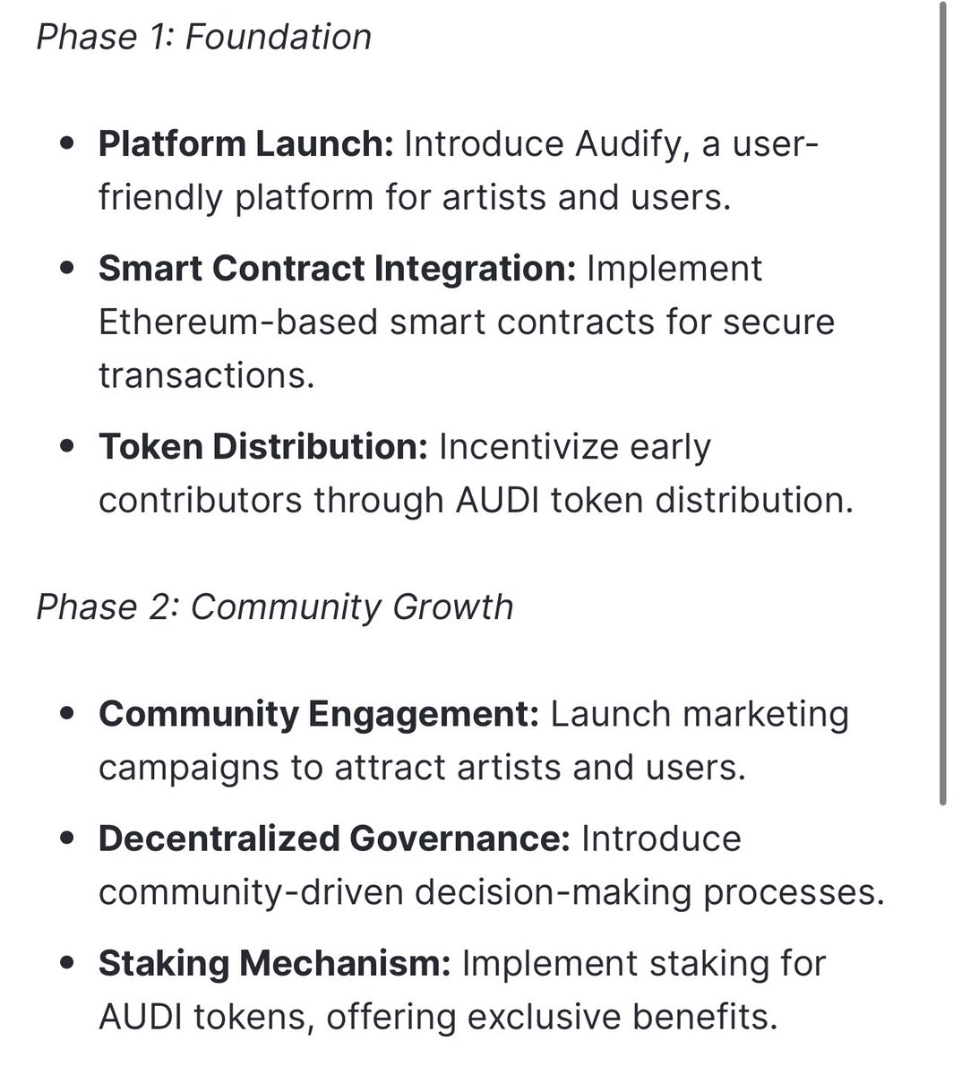 Block_Slinger's tweet photo. 𝐑𝐨𝐚𝐝𝐦𝐚𝐩

So, going forward, let’s see what #AUDIFY has in store for us all &amp; this are just impeccable. 

These are into six phases. They are;
→ Foundation
→ Community Growth
→ NFT Integration
→ Advanced Features
→ Global Expansion
→ Decentralized Infrastructure https://t.co/dtYEhNovBM