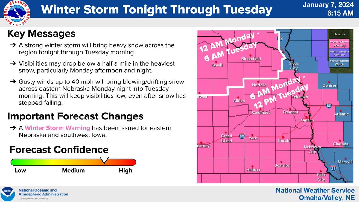 NWSOmaha's tweet photo. ⚠️Winter Storm Warnings have been issued for all of eastern Nebraska and southwest Iowa. Expect hazardous driving conditions due to heavy snow and strong gusty winds. Worse conditions are expected Monday afternoon and night. https://t.co/fh0gNbjdDK