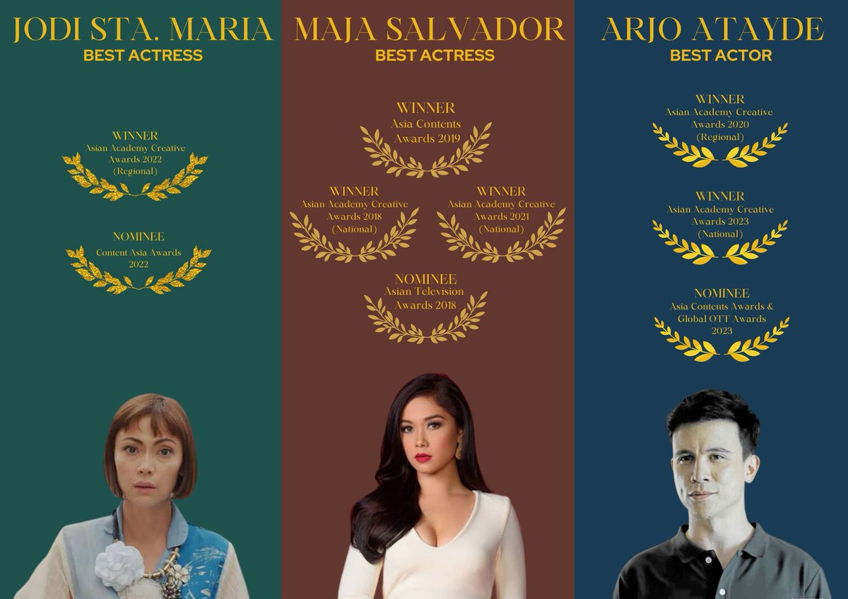 Asia’s Triumvirate of Drama ✨ Maja Salvador, Jodi Sta. Maria, and Arjo Atayde are among the Filipino actors who gained multiple acclaim in Asia for their outstanding performances. They received their awards in Singapore (AACA) and South Korea (ACA).