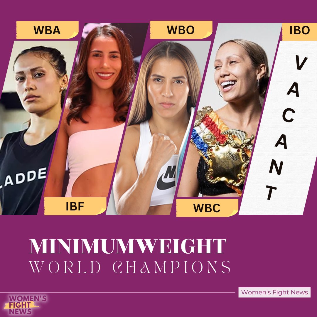 WomensFightNew1's tweet photo. Minimumweight World Champions ‼️🌍🏆

WBA &amp; WBC: @SeniesaEstrada 
IBF &amp; WBO: @YokaValle 
IBO: Vacant 

#boxing #worldchampion #seniesaestrada #yokastavalle #minimumweight https://t.co/1Rm42oIh84