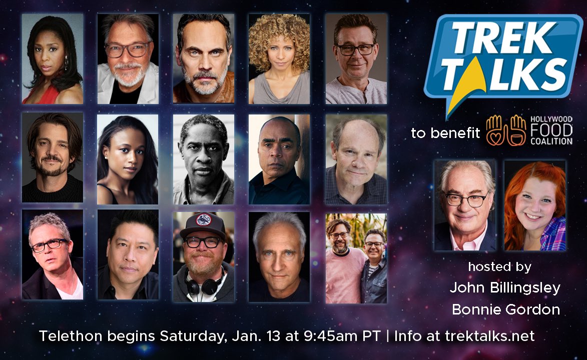 The annual #TrekTalks telethon is this Saturday. There is a huge guest list and a bunch of interesting panels, and the money raised goes to @HollywoodFoodCo. Check out trektalks.net.