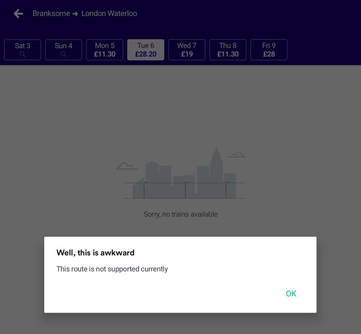 suppleberry's tweet photo. @thetrainline Any idea why I keep getting this message? I've uninstalled and reinstalled app but it still keeps happening https://t.co/MP7DX5vNRr