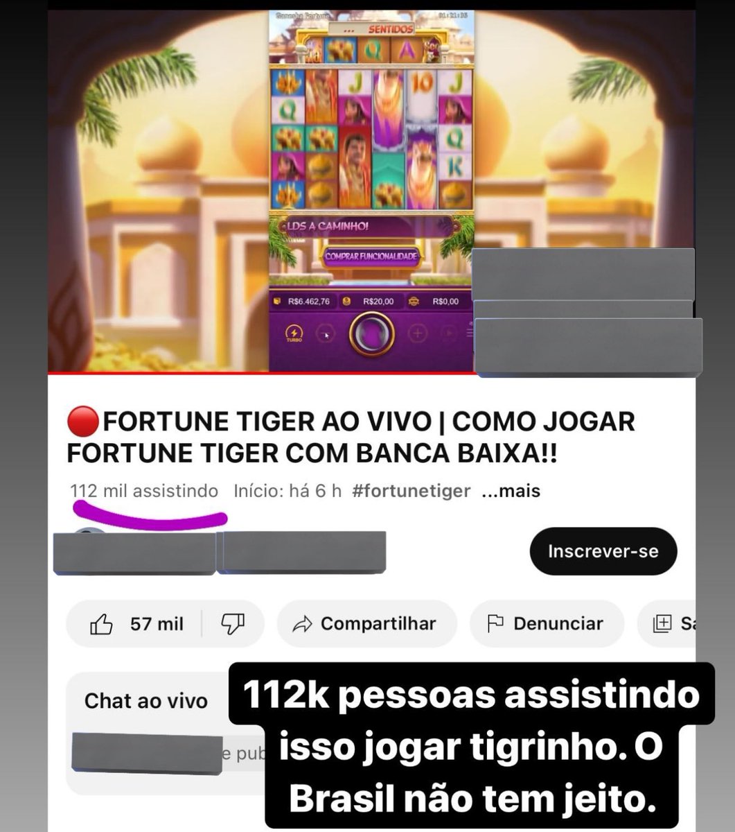 GuiadasApostas's tweet photo. Vi no Instagram do @veigavinic e resolvi trazer o debate pra cá. Dá última vez que toquei no assunto da responsabilização do público deu uma polêmica danada.

122 mil pessoas assistindo uma live de como jogar o jogo do Tigrinho. Mesmo depois de tudo que já vimos na mídia a respeito. Mesmo estando claro que é cassino. 

Isso são quase dois Maracanãs cheios. 

Eu já soube de conversas de representantes estrangeiros de casa de apostas dizendo que no mundo todo se joga cassino. É um fato.

Mas que o Brasil é o único lugar do mundo onde o público acredita que dá pra ganhar a longo prazo, que dá pra fazer "renda extra" em Tigrinho, que consome conteúdo de "método" de cassino. Falando isso aos risos e comentando quão chacota o público brasileiro é mundo afora.

Pergunta: porque só os brasileiros acreditam em jogo do Tigrinho e afins? Até onde o público é realmente inocente e enganado?