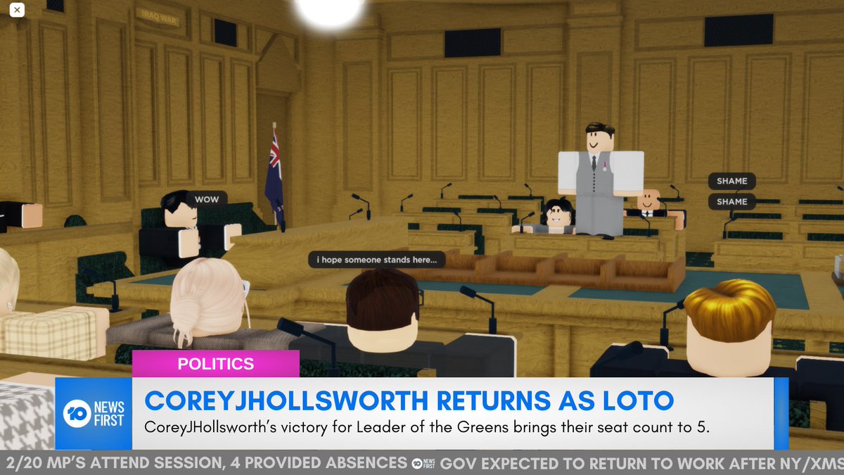 smhonroblox's tweet photo. 🇳🇿 NEW LOTO

CoreyJHollsworth has been elected un-opposed as Leader of the Greens, bringing their seat count to 5.

Government activity expect to make comeback following Christmas and New Year Break, although no government members attending parliament yesterday. https://t.co/DRatFAthNH