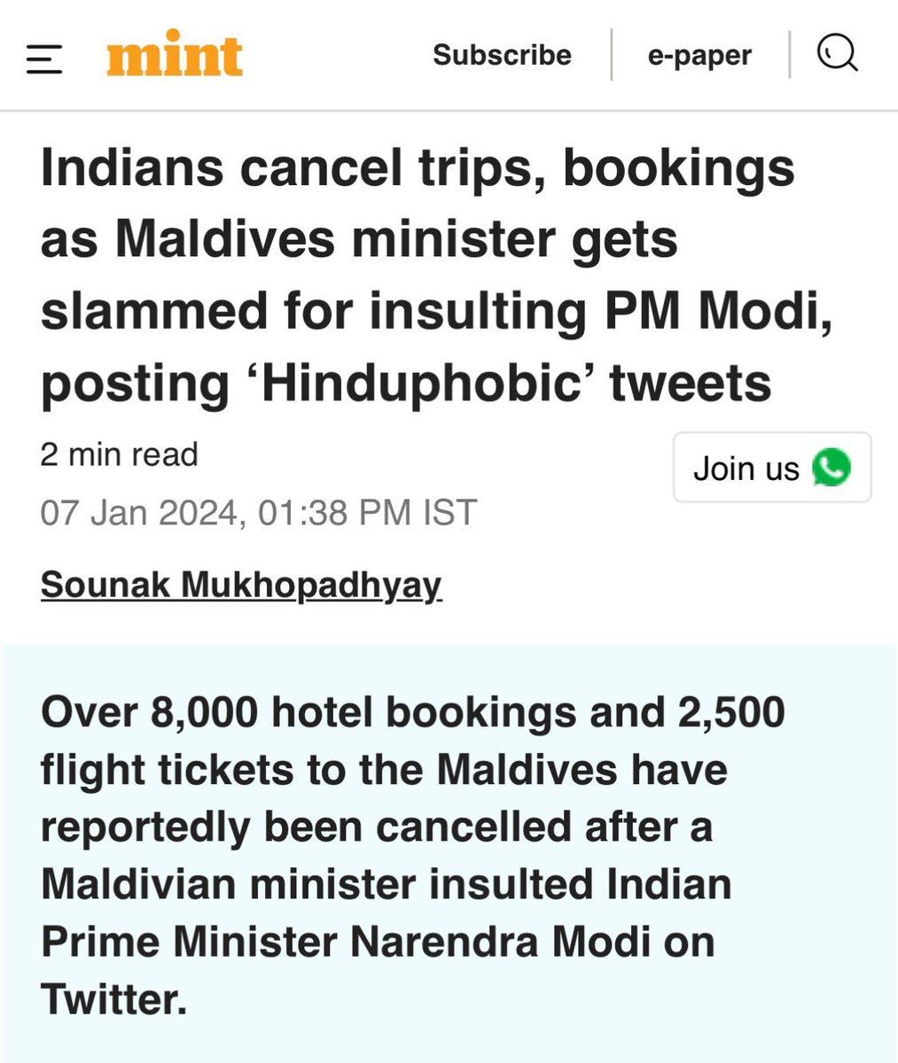MajorPoonia's tweet photo. Bravo 🙌 
Over 8,000 hotel bookings and 2,500 flight tickets to the Maldives have been cancelled in 48 Hrs !

That’s the Power of Bharat 🇮🇳💪 https://t.co/uJqcsamFLc