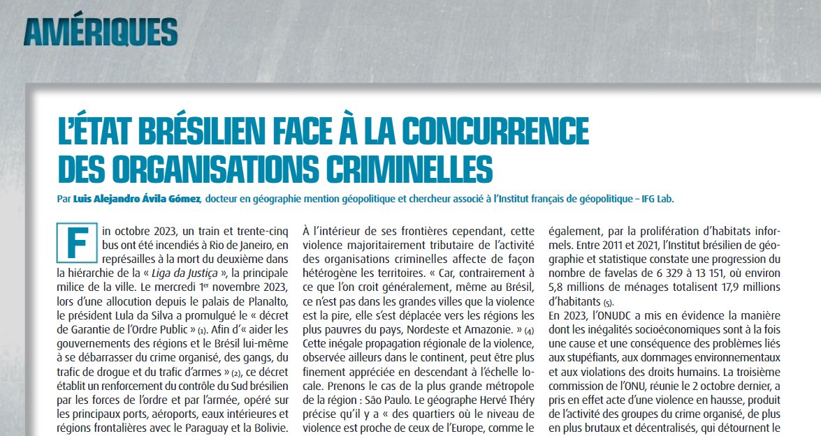 En ce début d’année <a href="/DiplomatieMag/">Diplomatie Magazine</a> n°77 dresse un état des #conflits dans le monde. J’ai eu le plaisir d’y contribuer avec un billet sur la violence au #Brésil, liée à l’activité des #OrganisationsCriminelles Merci pour cette collaboration! <a href="/IFGeopolitique/">Institut Français de Géopolitique</a> tinyurl.com/83xjrv2u