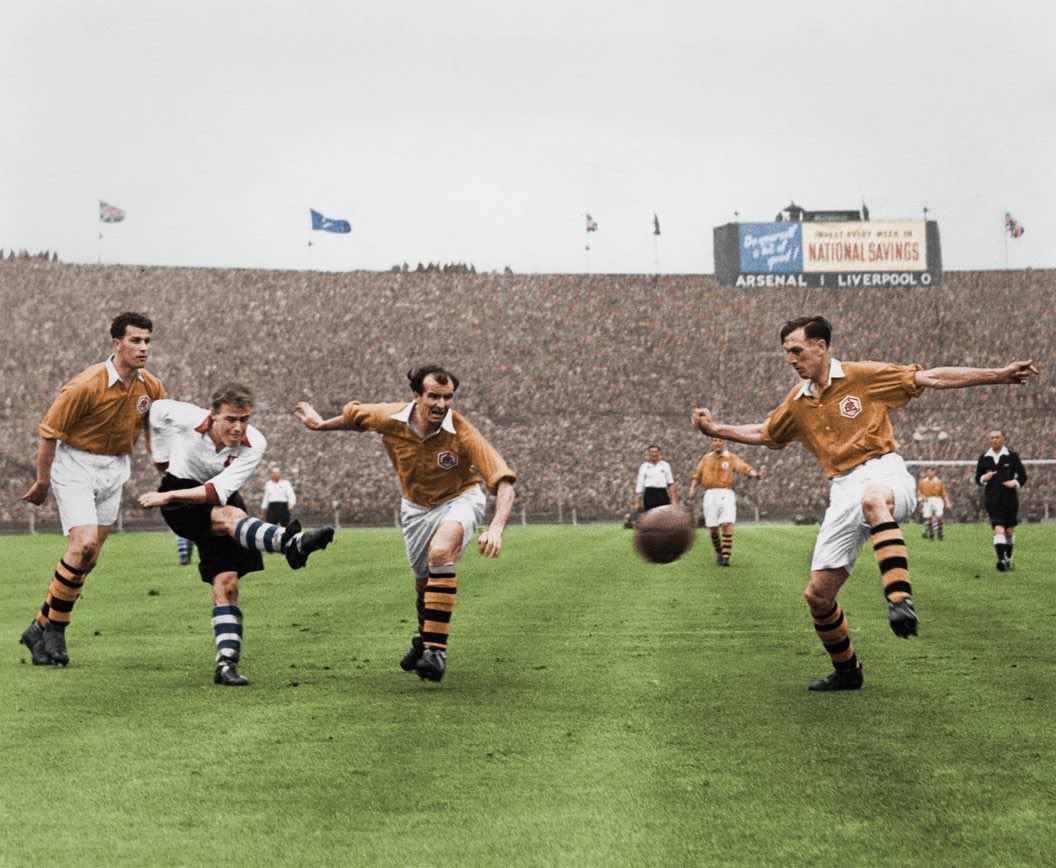 OldLFC_Colour's tweet photo. Kevin Baron’s shot is blocked by Joe Mercer as @LFC &amp; @Arsenal, both in change kits, meet at Wembley for the 1950 FA Cup Final. Colour images from this game are extremely rare, making this George Chilvers colourisation extra special. Unfortunately, the ‘whites’ lost 0-2 #LIVARS https://t.co/FkTkxTI6eb