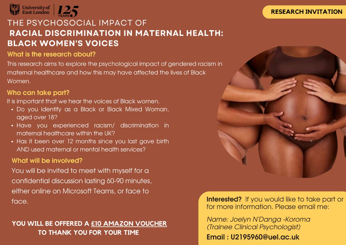 🚨 Participant recruitment call 📢 
#BlackMaternalHealth
#LivedExperience
#OurVoicesMatter
#Research
#ClinicalPsychology
Please share &amp; reach out to Joelyn to take part