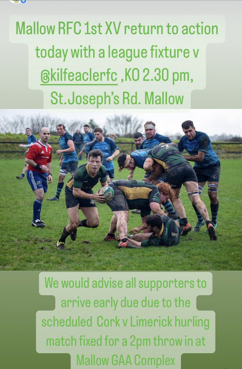 Mallow RFC (@mallowrfc) on Twitter photo Fixture Reminder: Mallow RFC 1st XV v <a href="/KilfeacleRFC/">Kilfeacle and District RFC</a> , Sunday 7/01/24 KO 2.30 pm, Parkdillane, St.Joseph’s Rd. 
All supporters are advised to arrive early due to scheduled local GAA and Soccer fixtures in the area. Fixture Reminder: Mallow RFC 1st XV v <a href="/KilfeacleRFC/">Kilfeacle and District RFC</a> , Sunday 7/01/24 KO 2.30 pm, Parkdillane, St.Joseph’s Rd. 
All supporters are advised to arrive early due to scheduled local GAA and Soccer fixtures in the area.