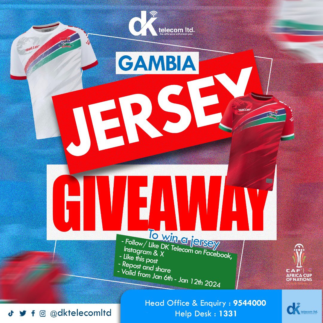 Let’s turn up the #Afcon2023 excitement levels shall we ? 🇬🇲🦂

Here’s your chance to win a Gambian jersey !!

To stand a chance;
▶️Follow DK Telecom
▶️Like this post
▶️Repost and share 

Winners will be announced on January 13th 2024!

#DKTelecom #Gambia #ISP