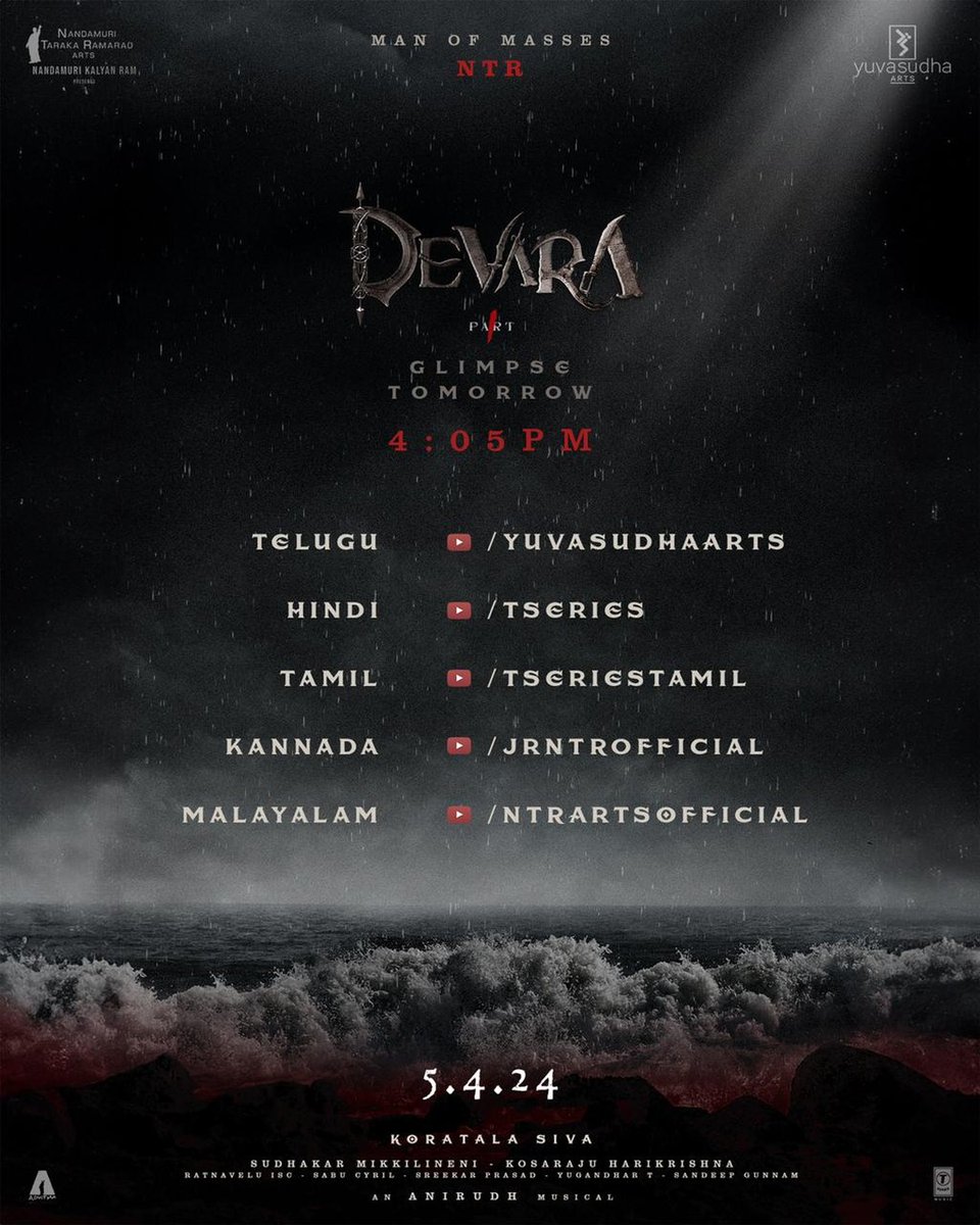 FilmShowCase_'s tweet photo. FEAR IS NEAR! 

The wave of #DevaraGlimpse will hit these respective coasts 🌊🌊

Crashing the shores tomorrow at 4:05 PM!

#DevaraGlimpse https://t.co/soiSQB4klK