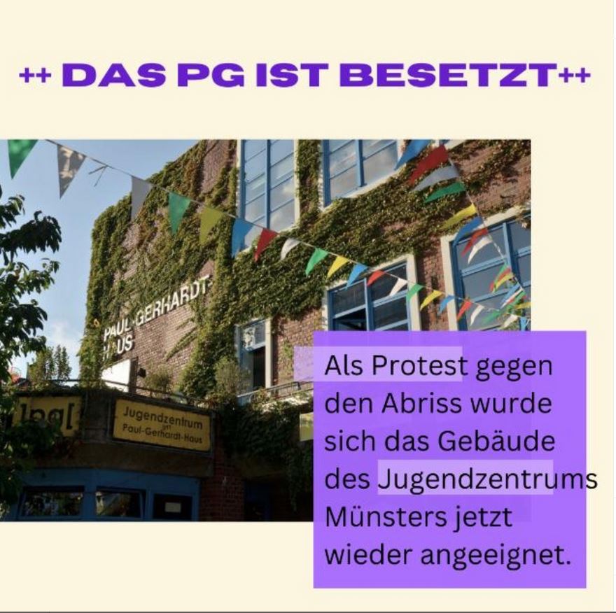 solidarautonom's tweet photo. In münster wurde heute das Paul-Gerhardt Haus am Bahnhof besetzt. Der Freiraum für Jugendliche, sowie queere und migrantische Menschen soll abgerissen werden.
Kommt vorbei und verbreitet die Besetzung! #pgbleibt

https://t.co/rUvuWRaL4Y https://t.co/DQC2QlDzy3