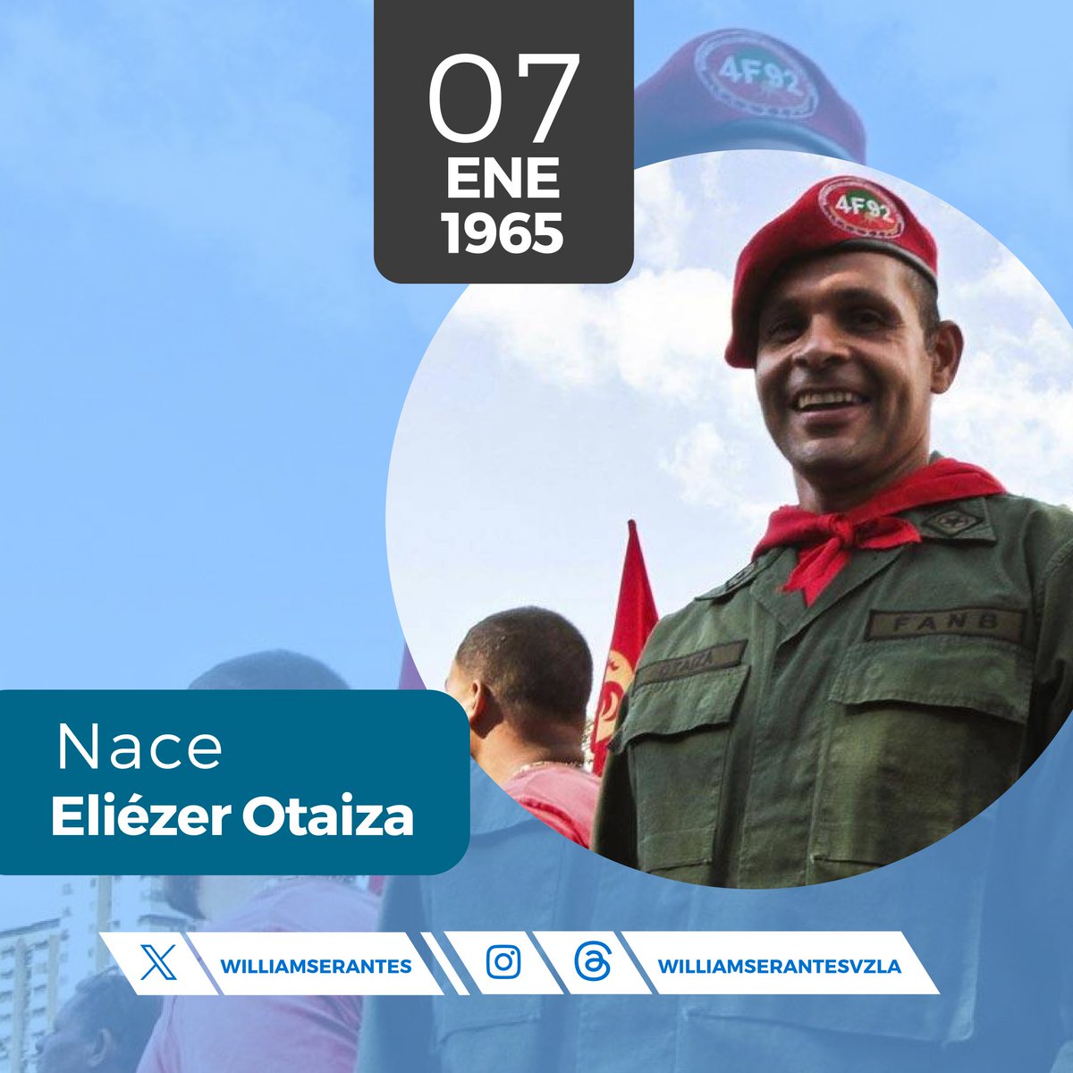 Hoy conmemoramos el nacimiento de Eliézer Otaiza, líder valiente y defensor incansable de la justicia. Su legado sigue inspirando el compromiso con la lucha por un mundo más justo y solidario. 🌟🇻🇪 #EliézerOtaiza #7Ene
@NicolasMaduro 
@delcyrodriguezv