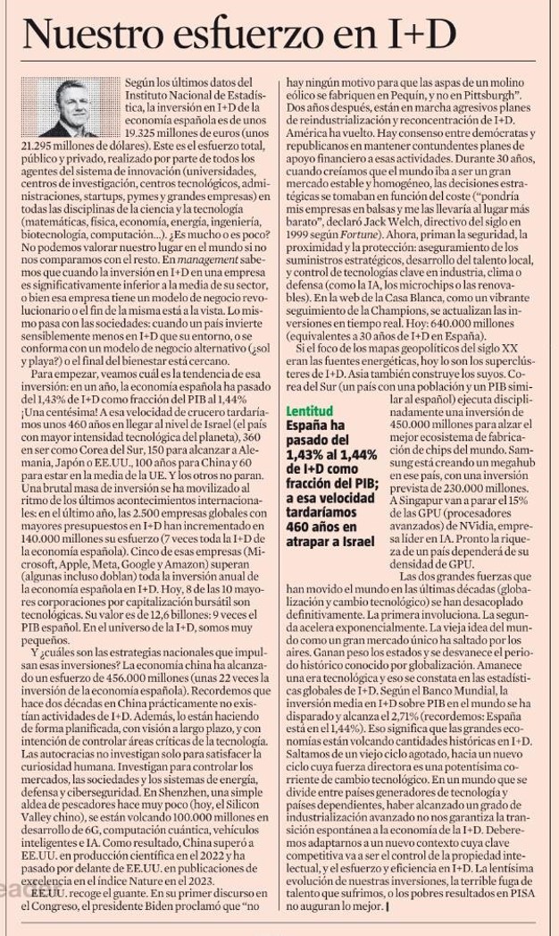 En un año, la economía española ha pasado del 1,43% de I+D/ PIB al 1,44% ¡Una centésima! Tardaremos 460 años en llegar al nivel de Israel, 360 a Corea del Sur, 150 a Alemania o EEUU, 100 años para China y 60 para la media de la UE. Y los otros no paran. Hoy, en <a href="/LaVanguardia/">La Vanguardia</a>