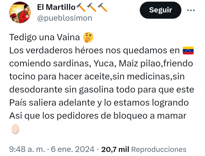 vivassantanaj_'s tweet photo. Un encapuchado, o sea, un madurista sin identidad, conjuga su carca y maximalismo al paroxismo del felatorismo político. Palabras más, palabras menos, asegura que vive "feliz" #sinluz, #singasolina, pasando hambre y sin medicinas y sin desodorante ¿Vivirá así la cúpula del PSUV? https://t.co/uwgCm3pbLk