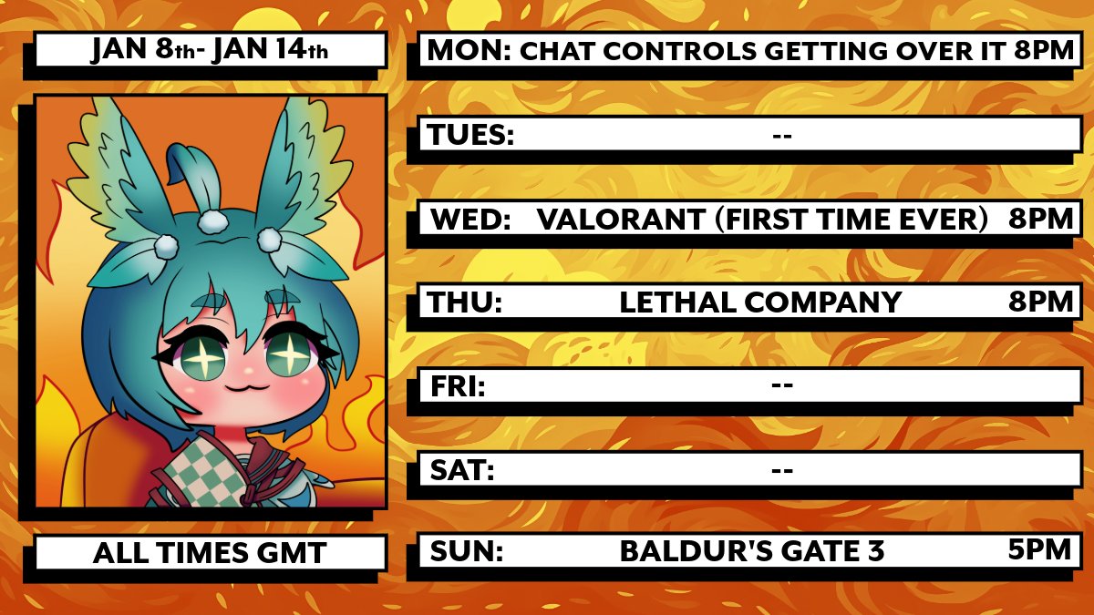 Harukeet's tweet image. Next weeks schedule! Truly the 'This Is FIne' week for me...

Terrified for Getting Over It tomorrow and I've never touched Valorant before (ó﹏ò｡)