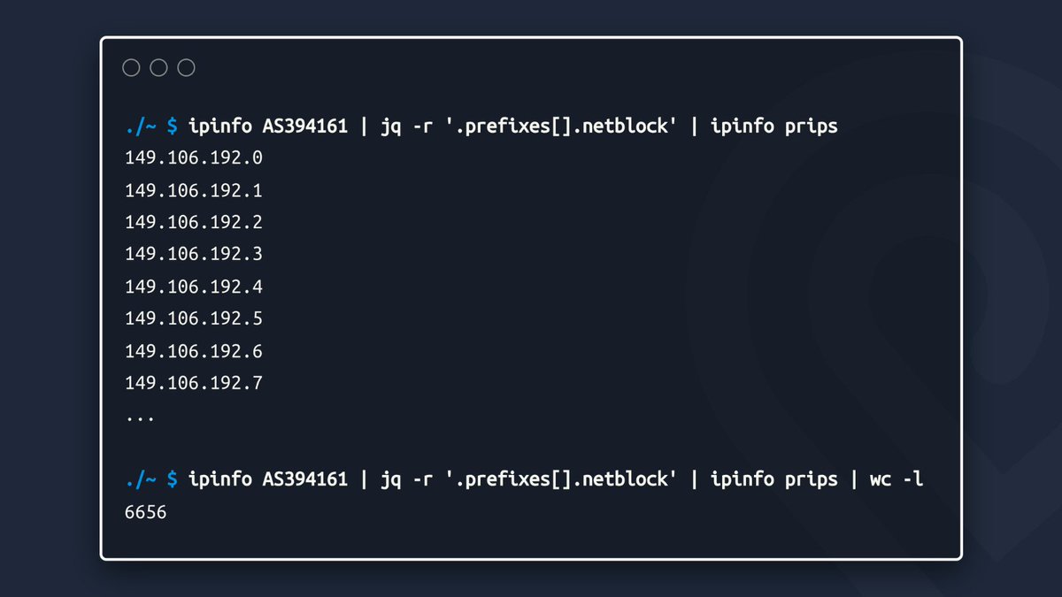 How to print every IP address associated with an ASN using ipinfo and jq! 

⌨️ ipinfo <ASN> | jq -r '.prefixes[].netblock' | ipinfo prips

This query returned 6656 IP addresses from a single ASN! 😮