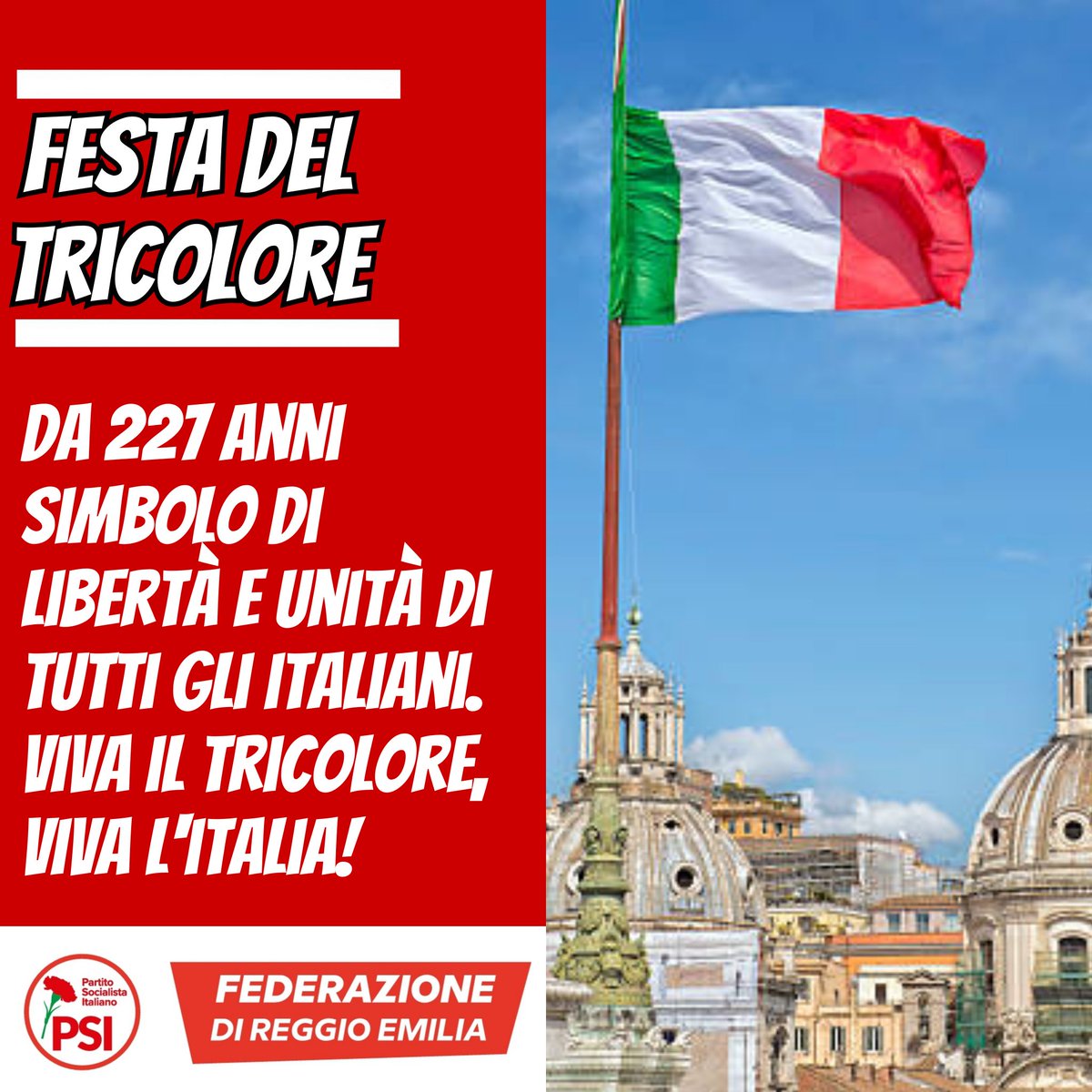 PSIReggioemilia's tweet photo. Oggi è il 227° compleanno del nostro tricolore; dal risorgimento simbolo di #libertà, #ingegno, #operosità e #unità di tutti gli italiani. Per celebrare quel 7 gennaio 1797 esponete il tricolore a finestre e balconi, perché il patriottismo è di tutti. W l'#Italia, W il #tricolore https://t.co/f1DgsMkEv4