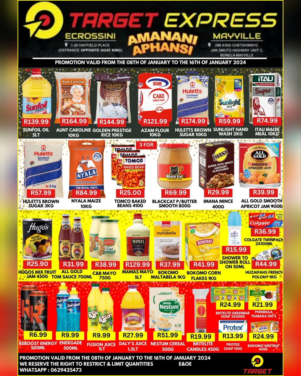 targetcnc's tweet photo. π΄π―Weekly Super Saleπ―π΄
Everyday Low Prices...
π― Promotion starts 08/01/2024 & ends 16/01/2024
Prices Valid while Stocks last.
#Target #express #cashandcarry #targetexpress #targetexpressecrossini #targetsupermarketmayville #market #specials #sale #supermarket https://t.co/ulX3p6GXXw