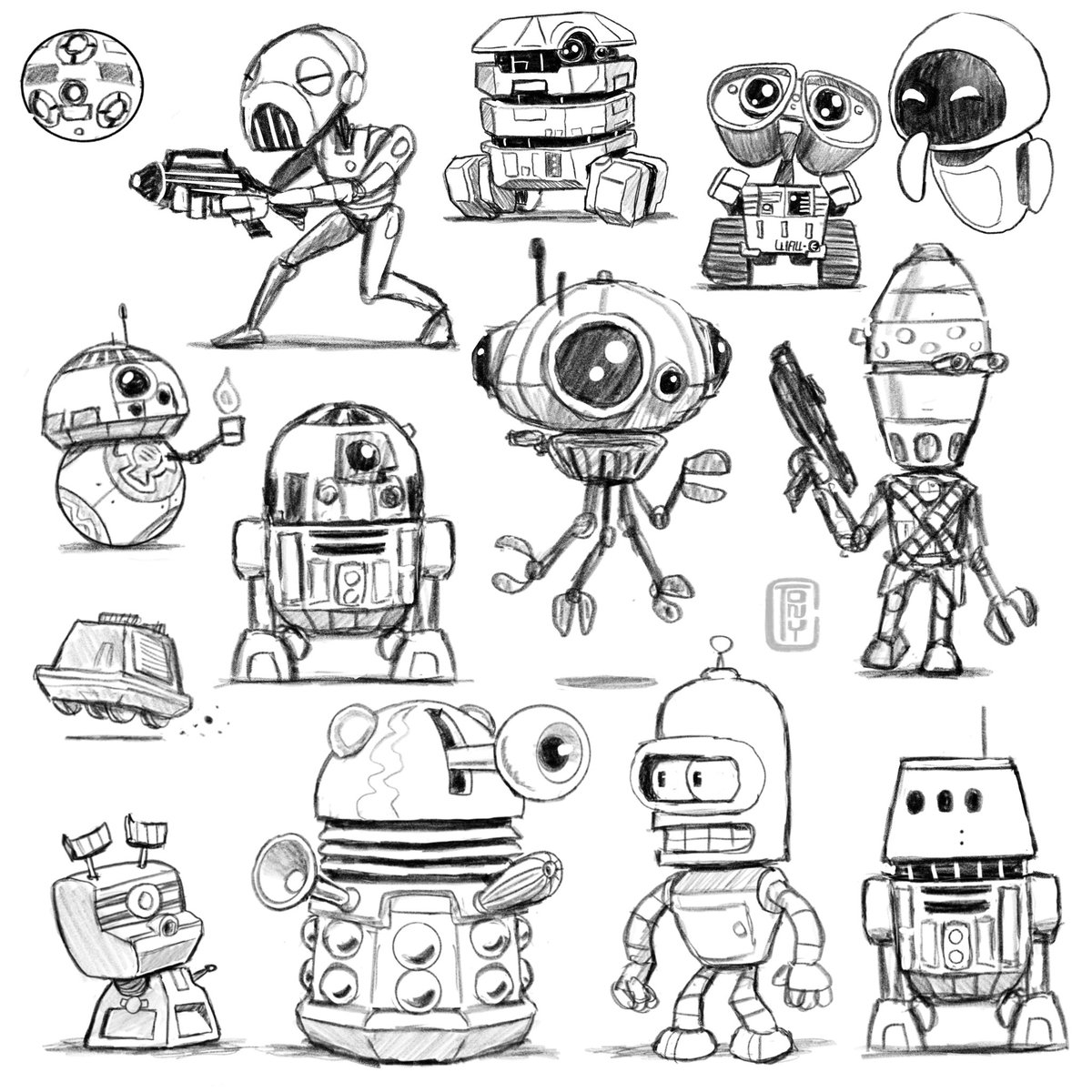 Tonycartoonish's tweet photo. One of these is technically not a droid. Do you know which one? #fanuary2024 #fanuary #droid #robot #starwars #doctorwho #walleandeve #walle #eve #futurama #bender #r2d2 #r5d4 #bb8 #bb8droid #drawing #doodle #sketch #chibiartwork #chibi #dalek #viperdroid #imperialprobedroid #probedroid #chibiart #adobefresco #ig11 #ig88