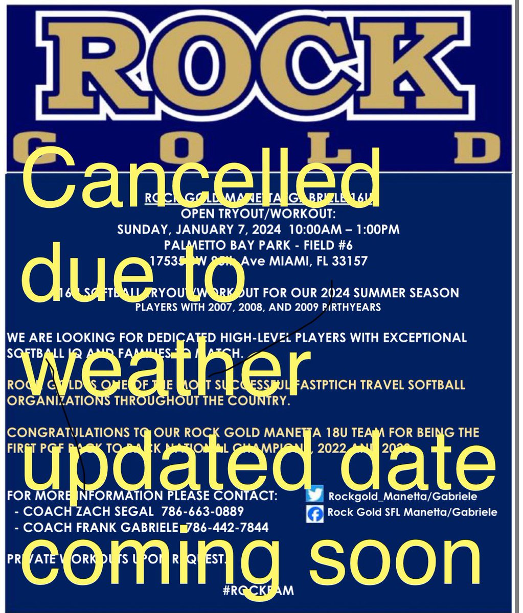 RockgoldMG's tweet photo. 🚨🚨🚨🚨🚨 tryouts to be rescheduled due to flooded fields and weather https://t.co/fXnjI0KtzY