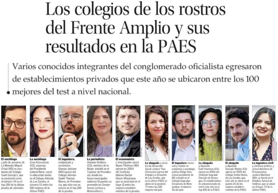 Saint George’s, La Girouette, SS. CC. de Manquehue, Verbo Divino, etc.

Pero el problema para ellos era la existencia de liceos emblemáticos. 

No se los ve muy ansiosos por probar las tesis del “efecto par” y la “distribución de los talentos” en su propio mundo.